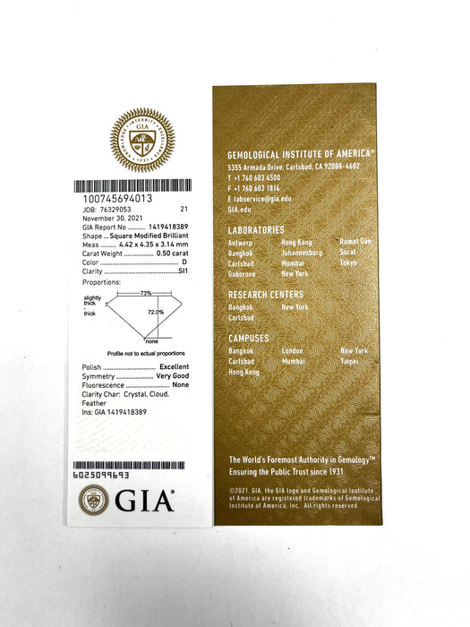 Platinum Hallmarked 0.50cts Princess cut GIA certificated stone. Total diamond weight 0.72cts.