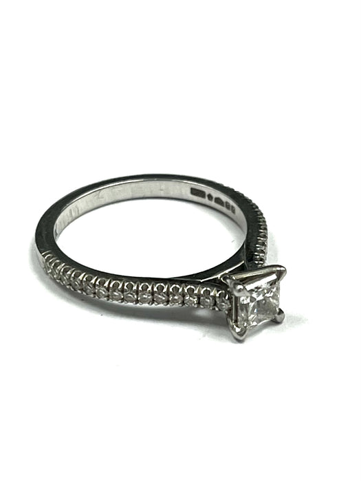 Platinum Hallmarked 0.50cts Princess cut GIA certificated stone. Total diamond weight 0.72cts.