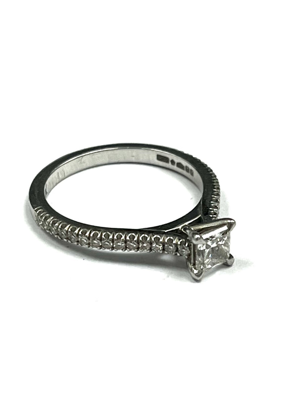 Platinum Hallmarked 0.50cts Princess cut GIA certificated stone. Total diamond weight 0.72cts.