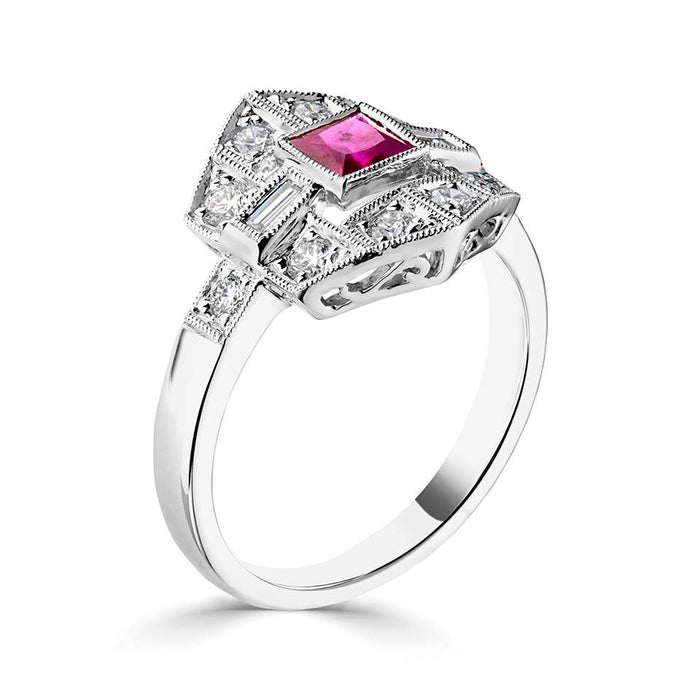 18ct White Gold Diamond & Ruby Cluster Ring