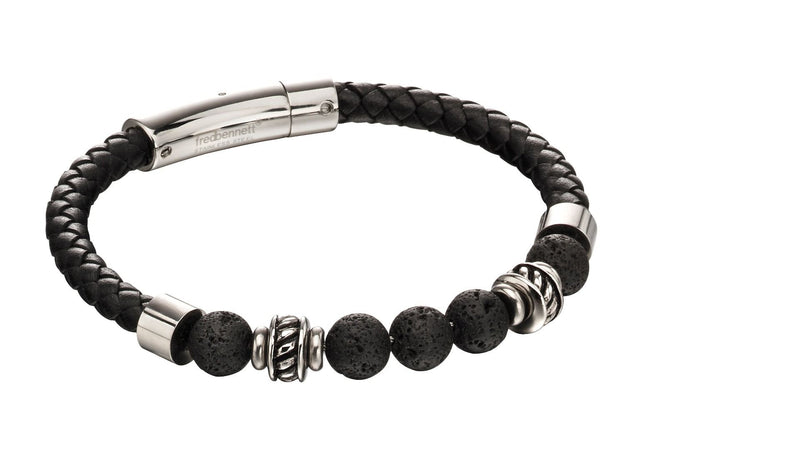 Fred Bennett Black Lava Bead Leather Bracelet B5097