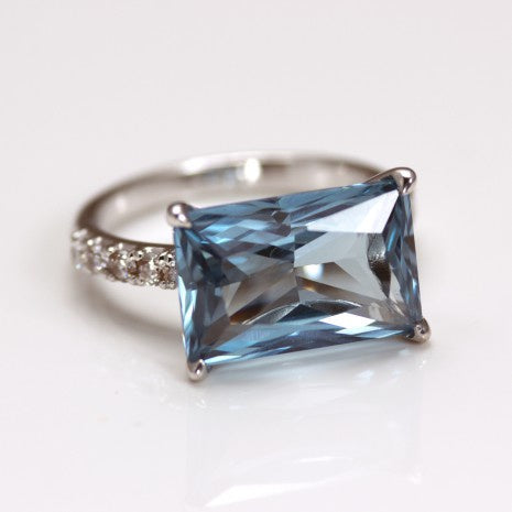 Silver Blue Oblong & White CZ Ring