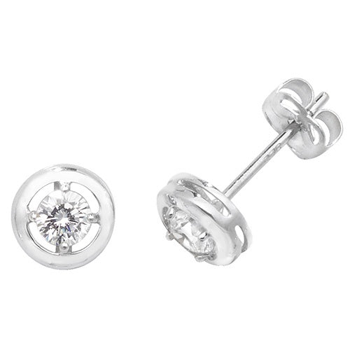 9ct White Gold Round CZ Stud Earrings