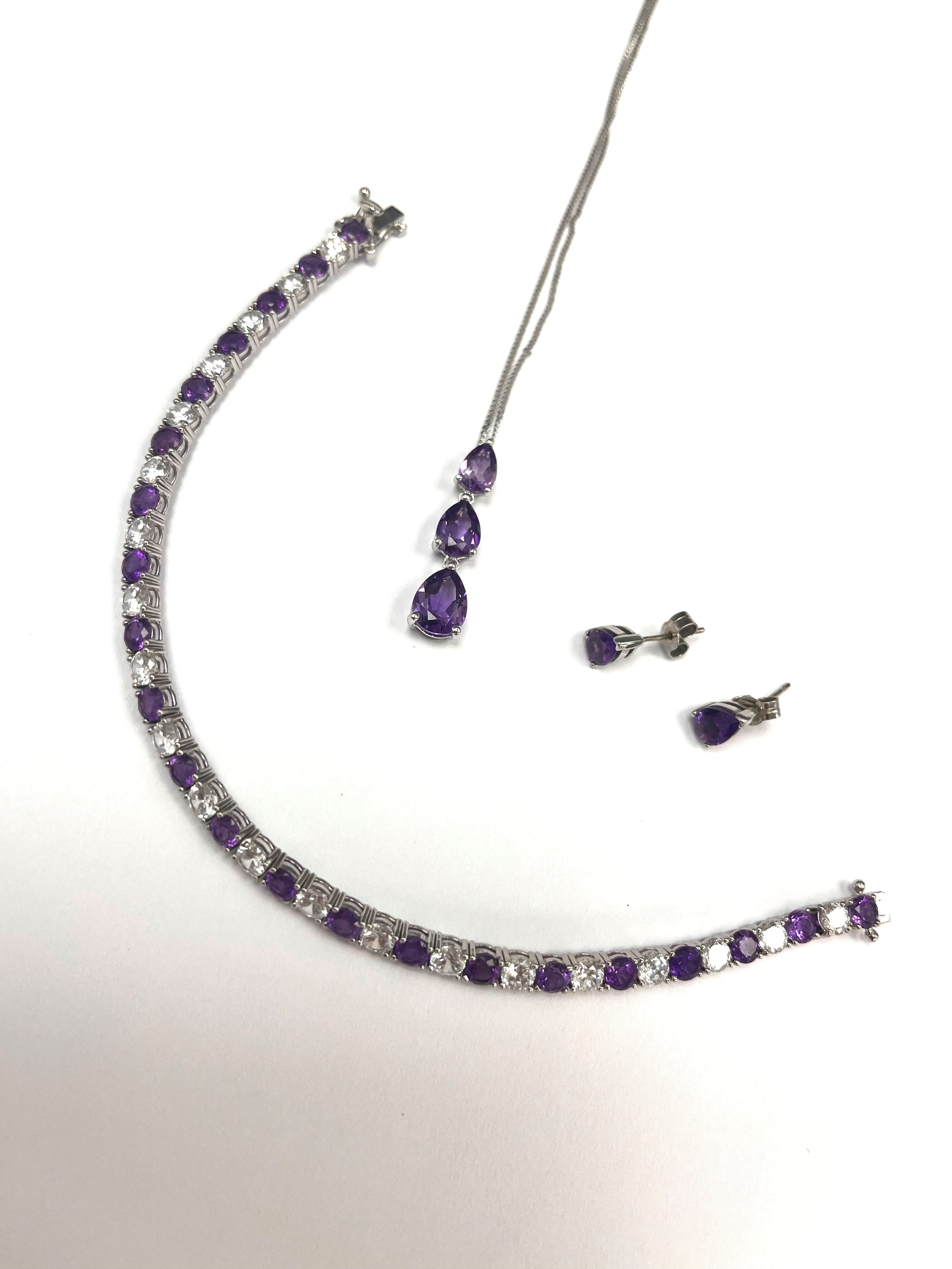 9ct White Gold Amethyst & CZ Bracelet, Pendant & Stud Earrings
