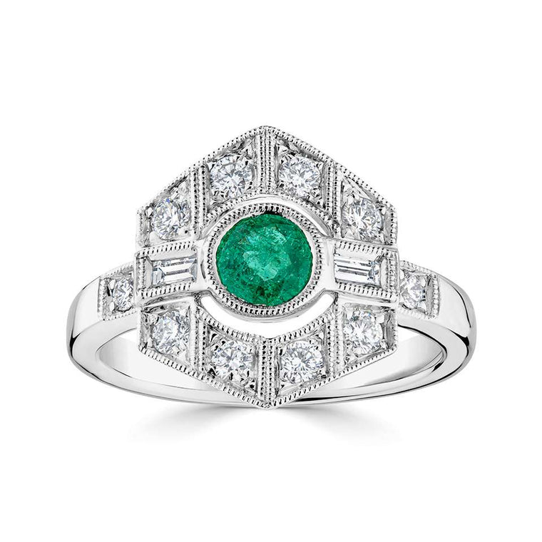 18ct White Gold Diamond & Emerald Cluster Ring