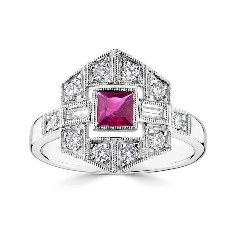 18ct White Gold Diamond & Ruby Cluster Ring