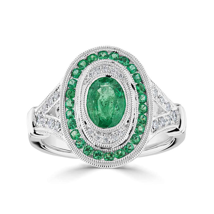 18ct White Gold Diamond & Emerald Vintage Cluster Ring