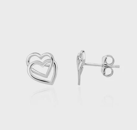 9ct White Gold Double Heart Studs