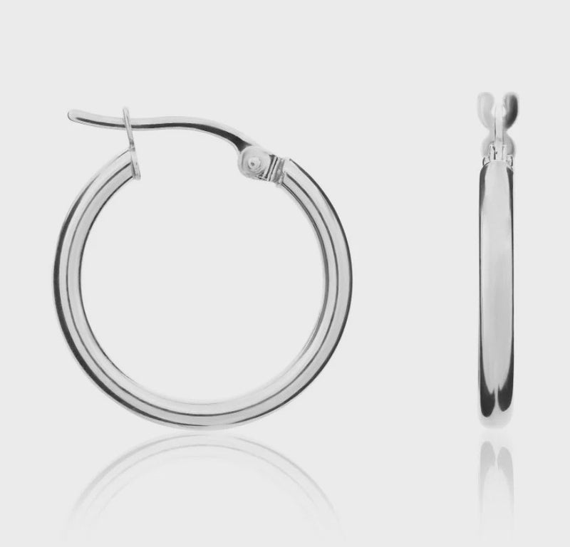 9CT White Gold Round Tube Hoop Earrings 18.5x2mm