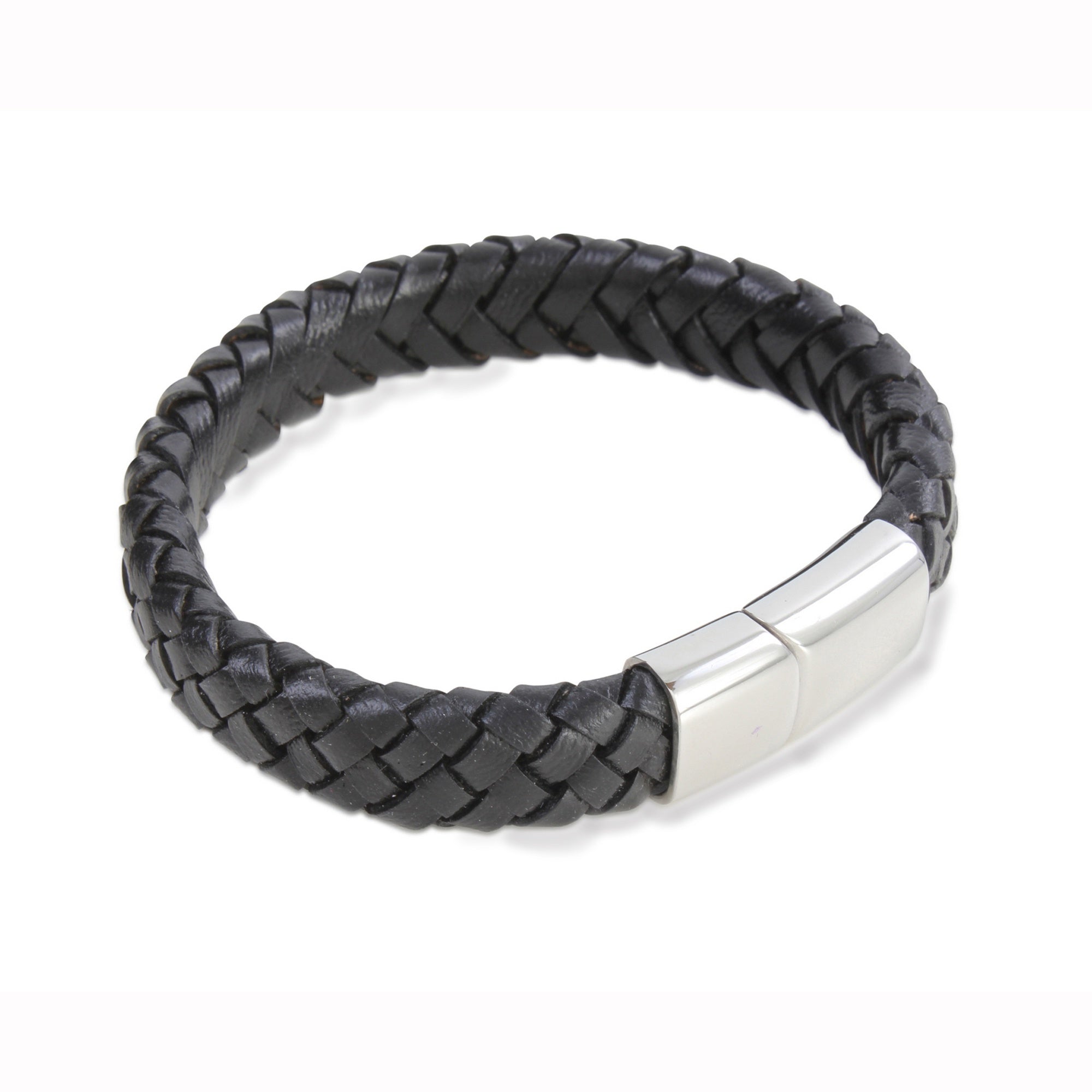 Black 8mm Width Leather Bracelet with Flat Stainless Steel Clasp