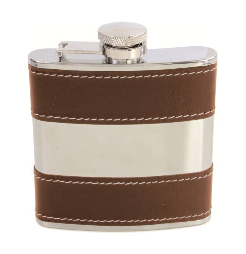 Hip Flask Brown 6oz Shiny Stainless Steel Centre