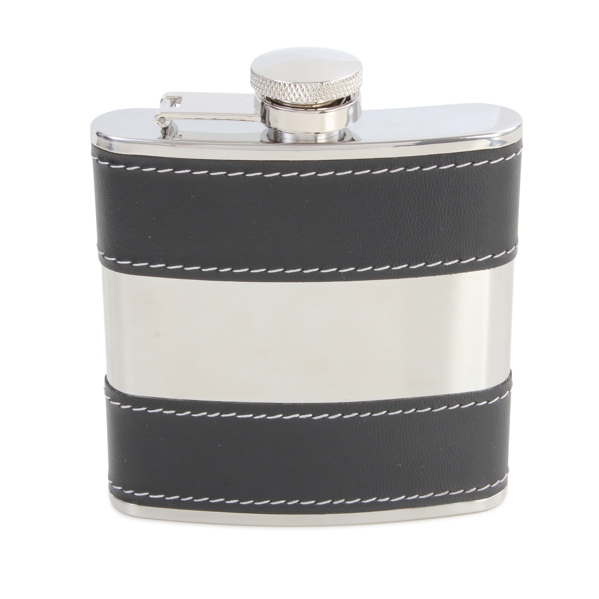 Black 6oz Hip Flask with Shiny Stainless Steel Centre