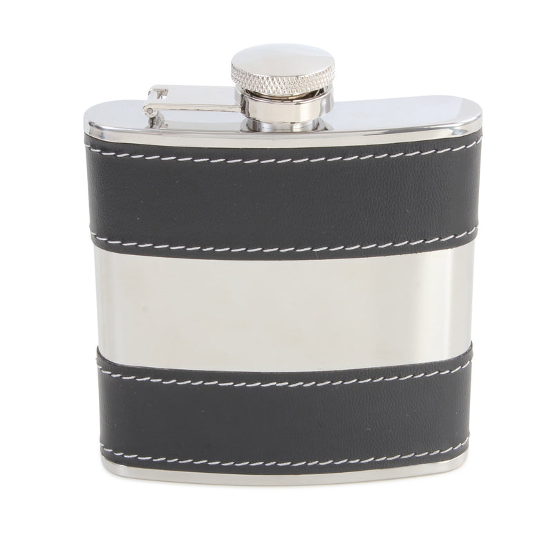 Black 6oz Hip Flask with Shiny Stainless Steel Centre