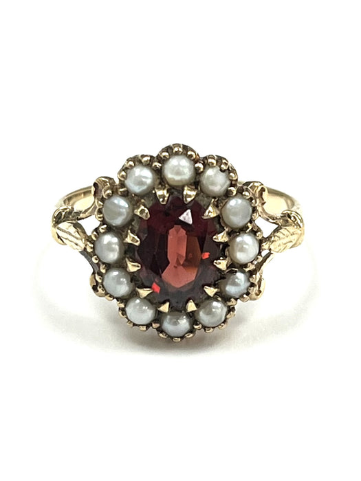 18ct Yellow Gold Ruby & Seed Pearl Cluster Ring