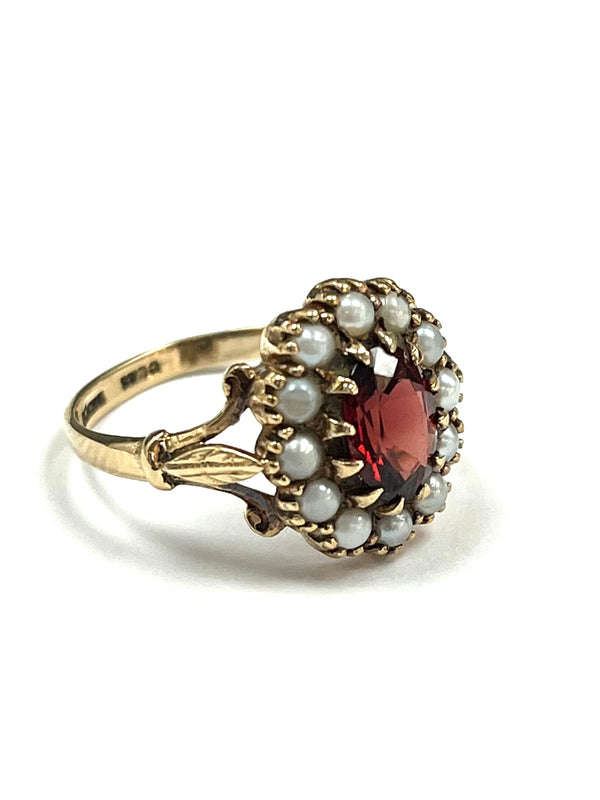 18ct Yellow Gold Ruby & Seed Pearl Cluster Ring