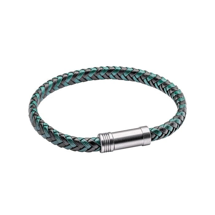 Fred Bennett Black and Forest Green Plaited Leather Bracelet