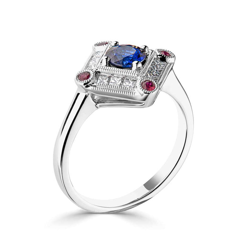 18ct White Gold Diamond, Sapphie & Ruby Ring