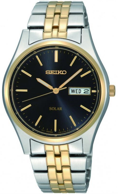 SEIKO MENS TWO TONE SOLAR DAY DATE BRACELET WATCH SNE034P1