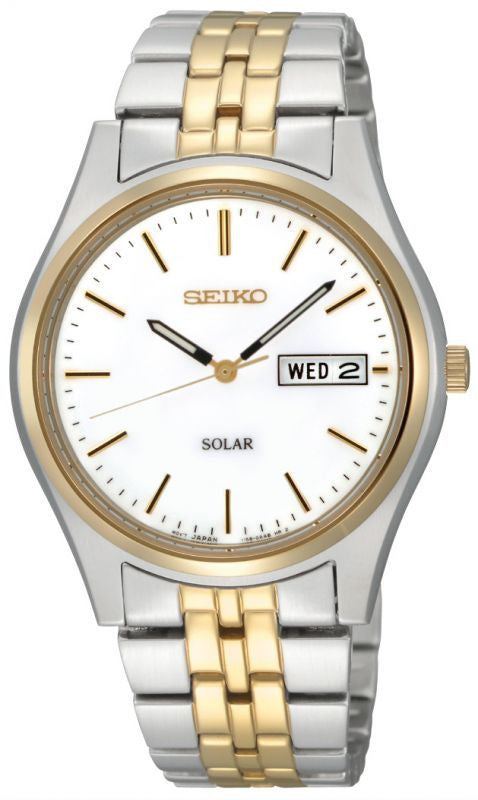 SEIKO MENS TWO TONE SOLAR DAY DATE BRACELET WATCH SNE032P1