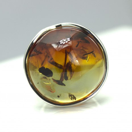 Silver Curve Edge Amber Ring