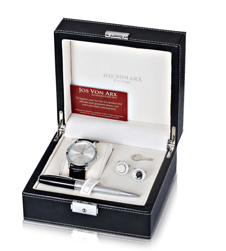 Men's Gift Set With Black Classic Watch, Ball Point Pen & Rectangular Cufflinks LX13