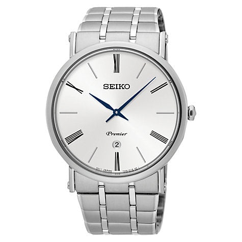 Seiko SKP391P1 Men's Premier Date Bracelet Strap Watch, Silver/White