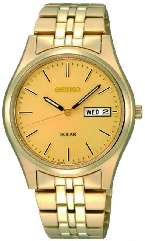SEIKO GOLD PLATED SOLAR DAY DATE BRACELET WATCH SNE036P1