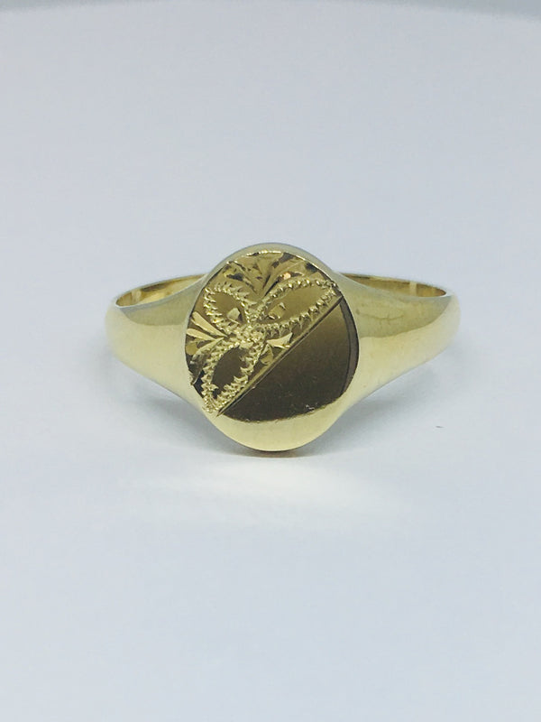 9ct Yellow Gold Half Engraved Oval Signet Ring R277