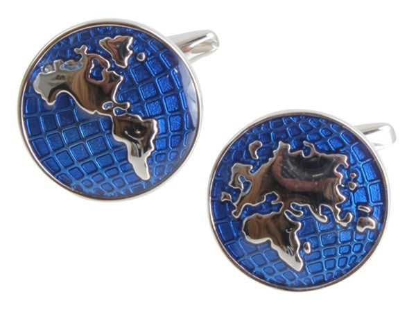 World Map Cufflinks Blue & Rhodium 901036 - Robert Openshaw Fine Jewellery