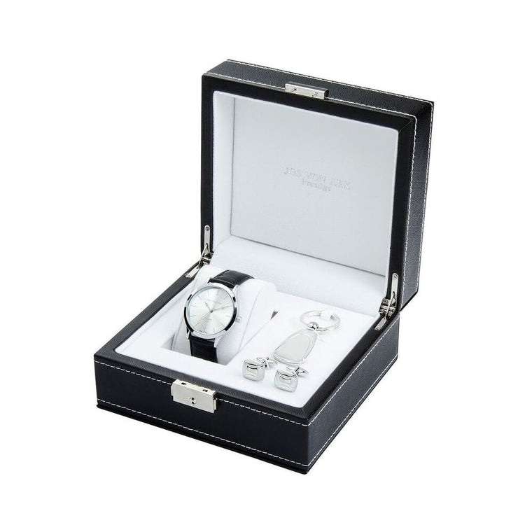 Men's Gift Set With Silver Classic Watch, Keying & Rounded Rectangular Cufflinks LX11