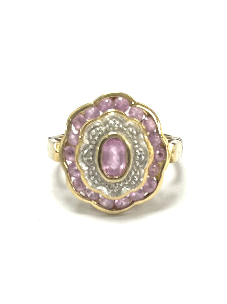 9ct Yellow Gold Pink Sapphire & Diamond Cluster Ring