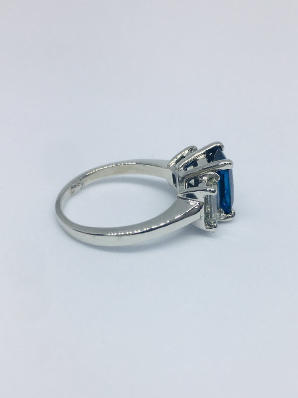 Platinum Three Stone Emerald Cut Diamond & Sapphire Ring 1.20/1.30cts