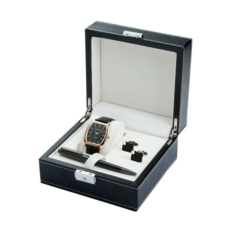 Men's Gift Set With Black Classic Watch, Ball Point Pen & Rectangular Cufflinks LX12