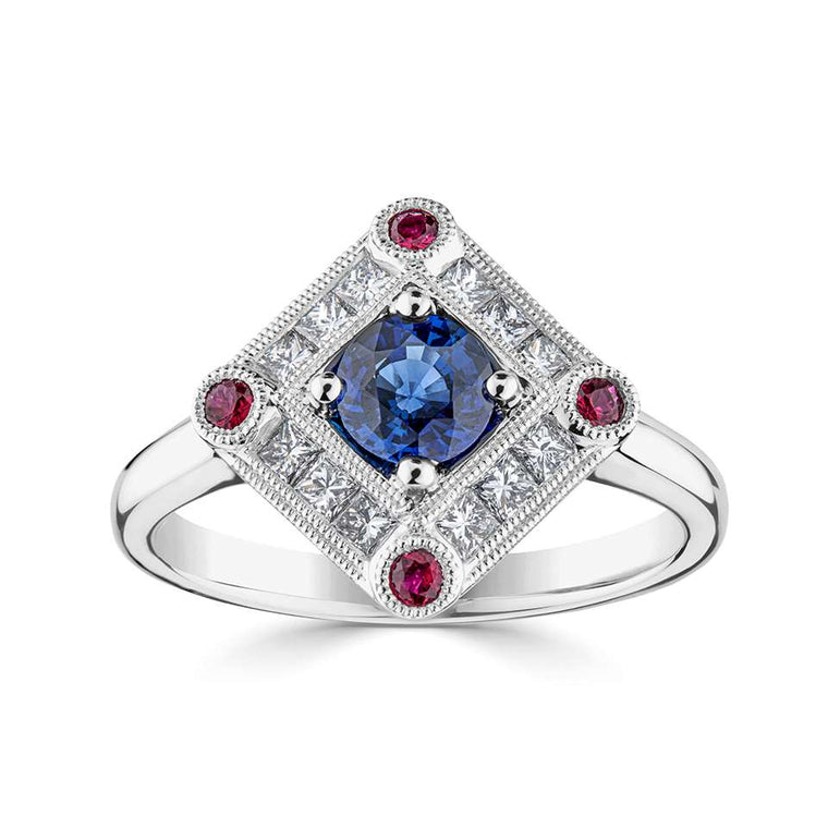 18ct White Gold Diamond, Sapphie & Ruby Ring