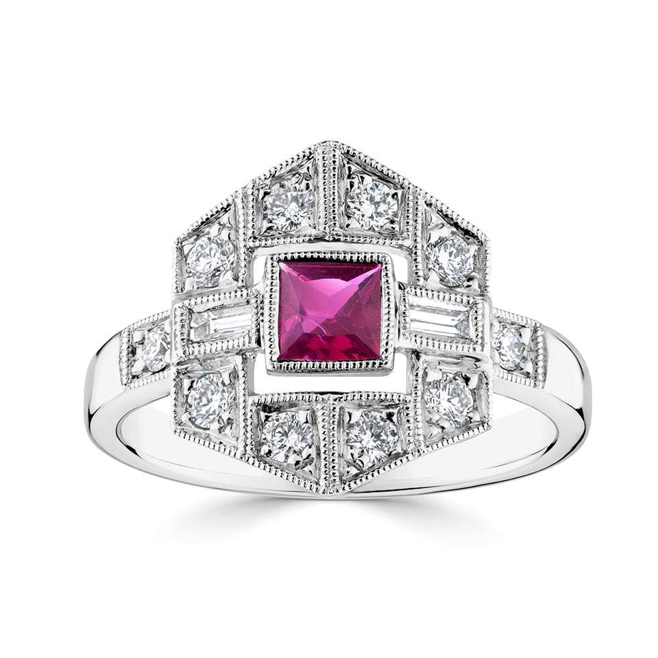 18ct White Gold Diamond & Ruby Cluster Ring