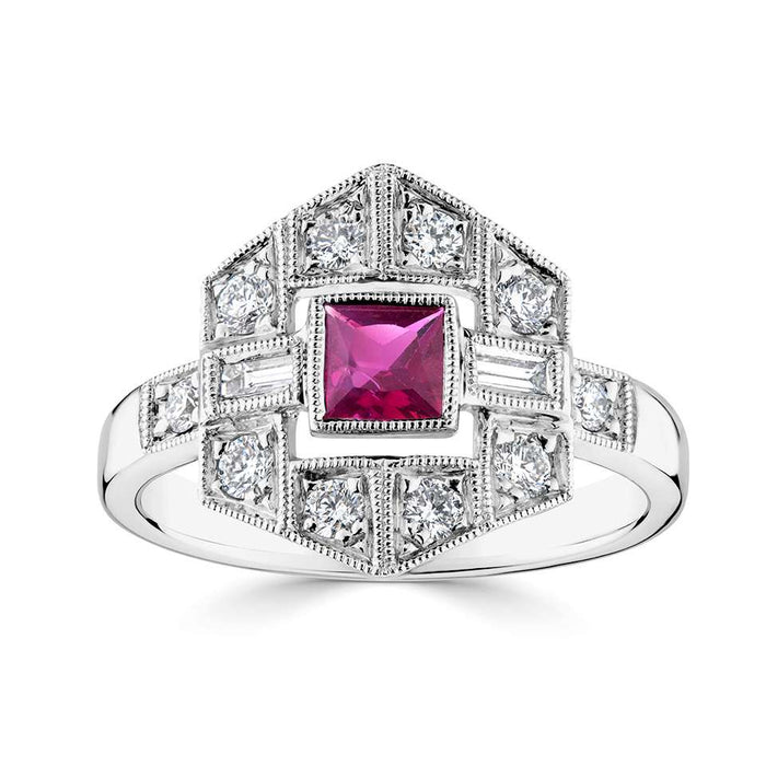 18ct White Gold Diamond & Ruby Cluster Ring